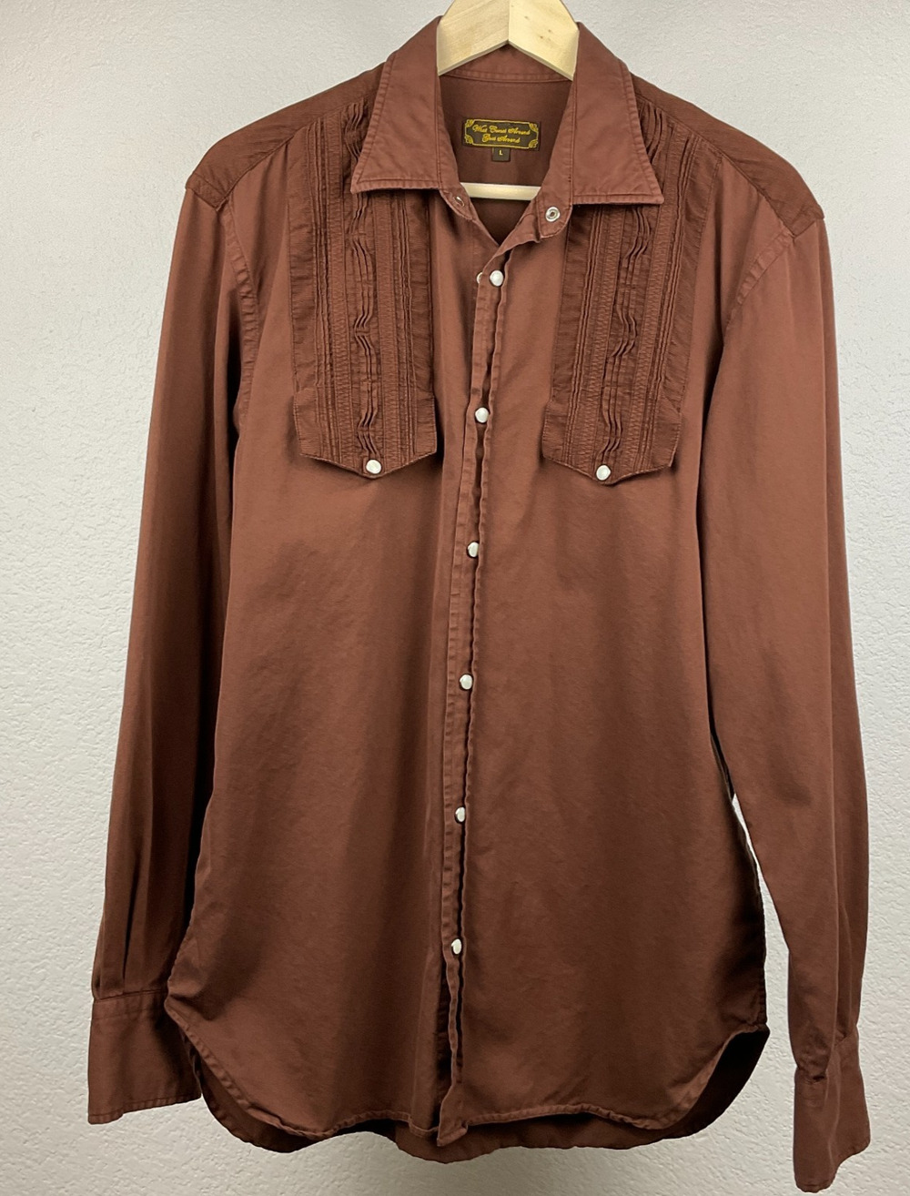 What Comes Around Goes Around Mens L Brown Pearl Snap Western Shirt Pleated Bib